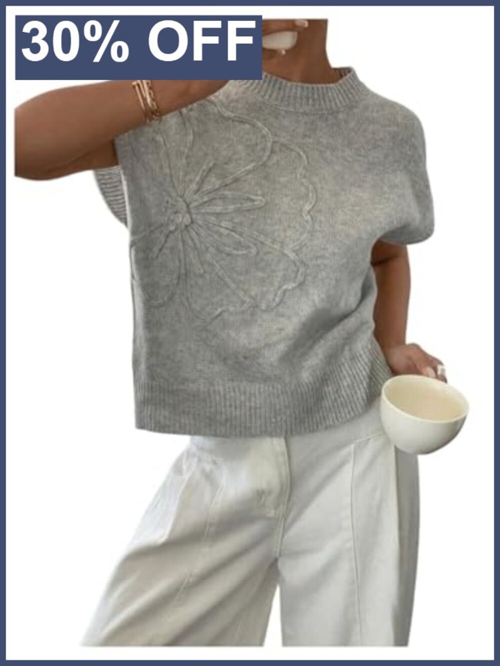Womens Short Sleeve 3D Floral Sweater Knit Top Business Casual